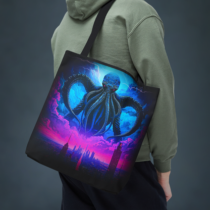 Cthulhu Over Neon City Tote Bag, Lovecraft Reusable Shopping Bag