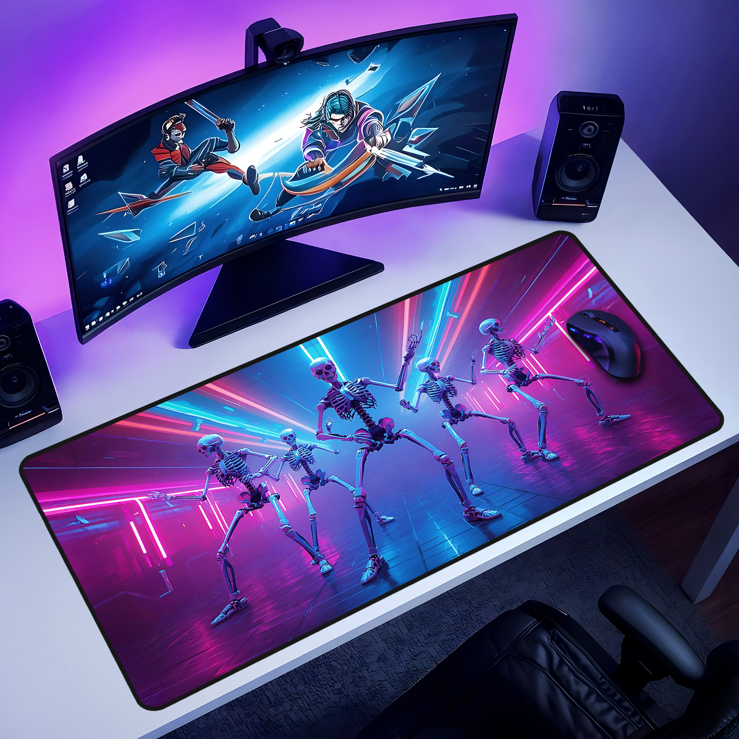 Extended desk mat featuring a neon synthwave scene of dancing skeletons illuminated by vibrant pink, purple, and cyan light beams in a futuristic club-like environment. Displayed on a modern white gaming desk with curved monitor, speakers, and mouse. The glowing colors and playful skeletal choreography create a bold, energetic, and slightly dark-humored aesthetic. Ideal XXL mouse pad for gamers, cyberpunk fans, and lovers of retro-futuristic, synthwave-inspired desk setups.