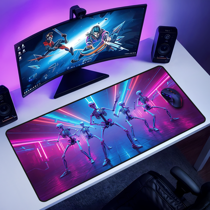 Extended desk mat featuring a neon synthwave scene of dancing skeletons illuminated by vibrant pink, purple, and cyan light beams in a futuristic club-like environment. Displayed on a modern white gaming desk with curved monitor, speakers, and mouse. The glowing colors and playful skeletal choreography create a bold, energetic, and slightly dark-humored aesthetic. Ideal XXL mouse pad for gamers, cyberpunk fans, and lovers of retro-futuristic, synthwave-inspired desk setups.