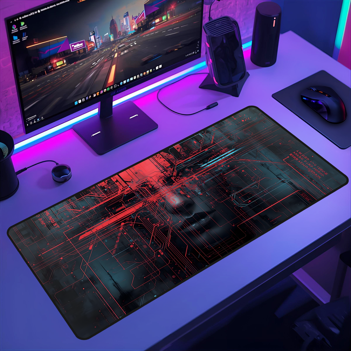 Tech Noir Circuit Grid Identity Desk Mat - Futuristic Portrait Large Mouse Pad