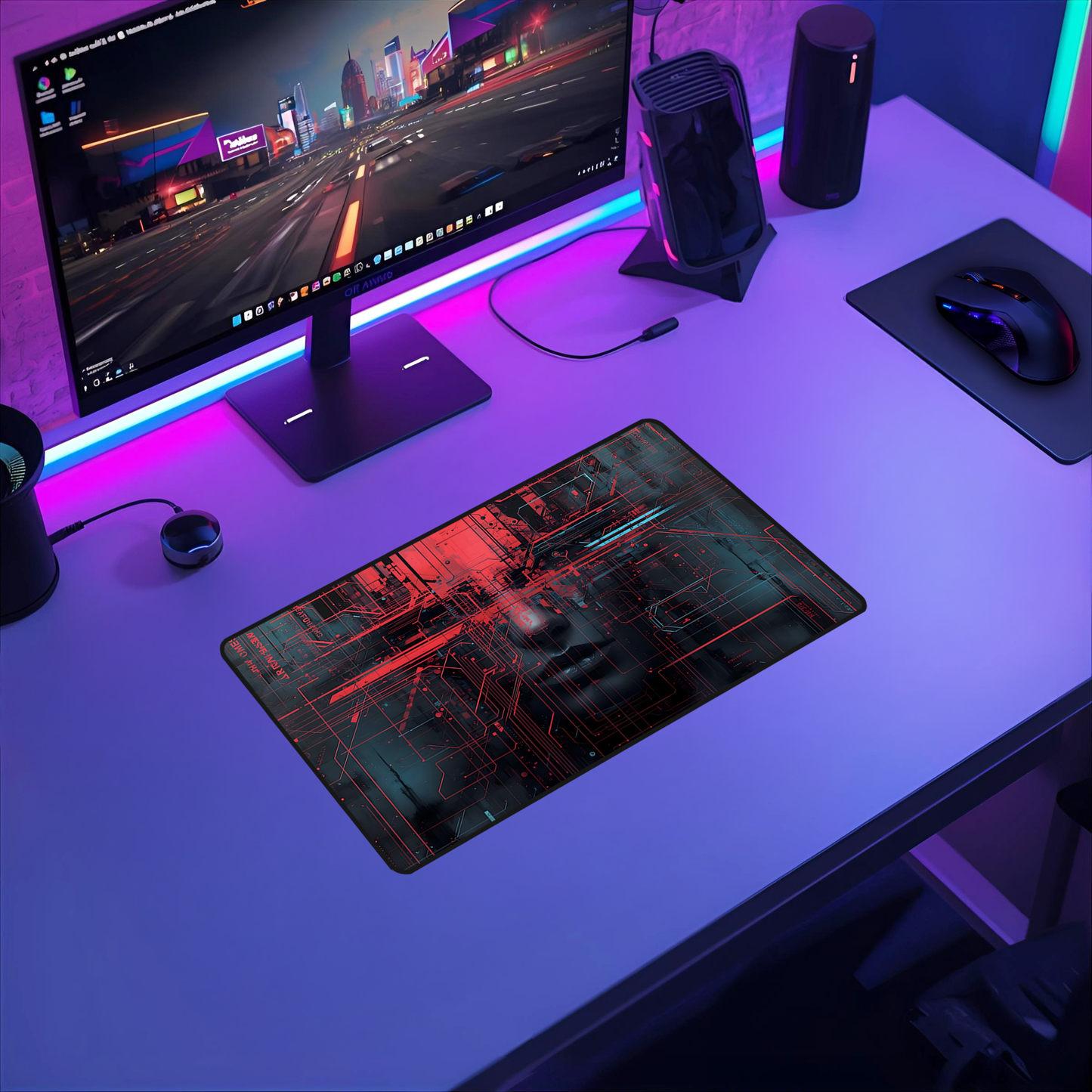 Tech Noir Circuit Grid Identity Desk Mat - Futuristic Portrait Large Mouse Pad