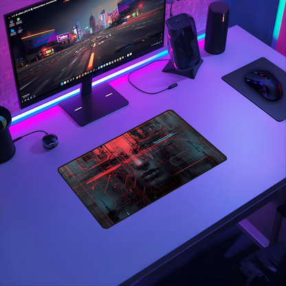 Tech Noir Circuit Grid Identity Desk Mat - Futuristic Portrait Large Mouse Pad