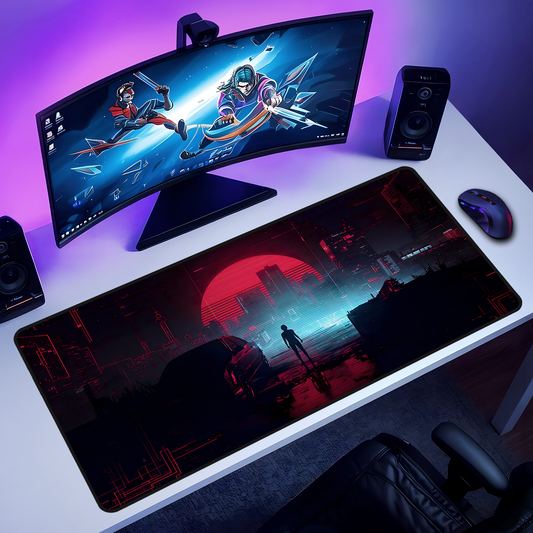 Neon Sunset Cyberpunk Cityscape Desk Mat - Digital Glitch Effect Mouse Pad