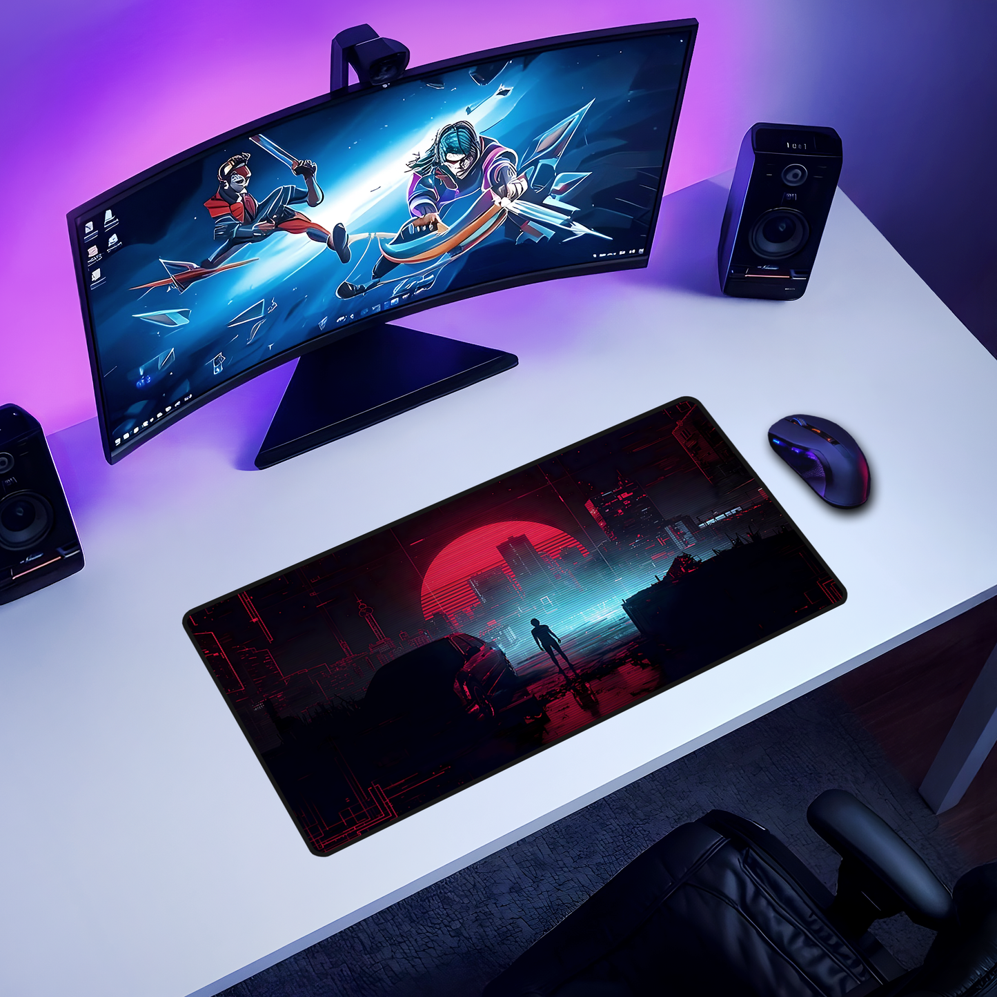 Neon Sunset Cyberpunk Cityscape Desk Mat - Digital Glitch Effect Mouse Pad