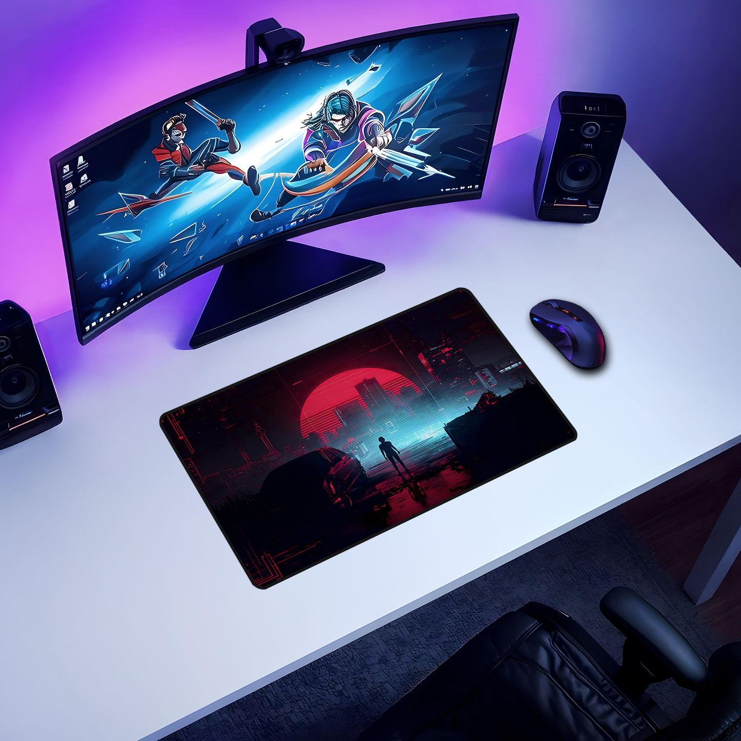 Neon Sunset Cyberpunk Cityscape Desk Mat - Digital Glitch Effect Mouse Pad