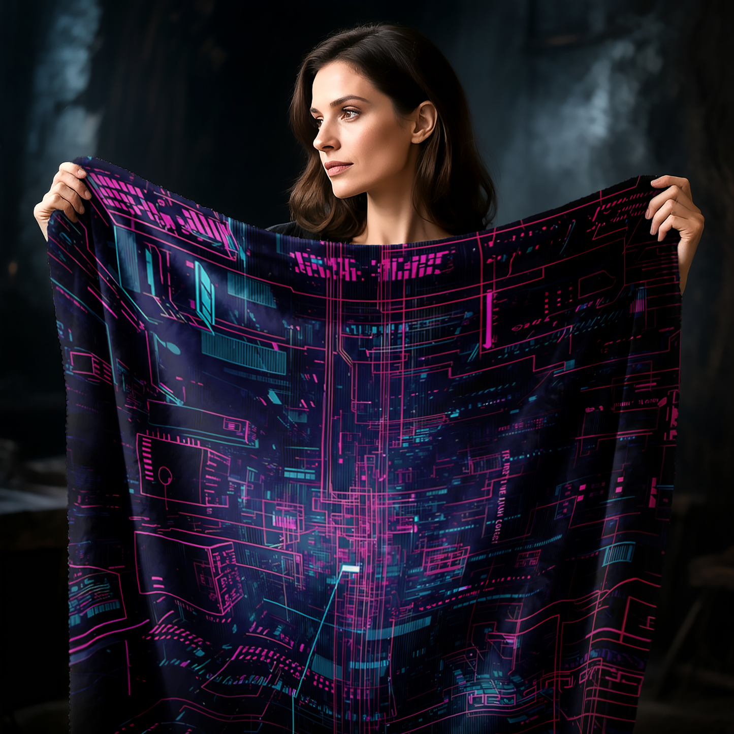 Cyber Dimension Grid Sector 7 - Neon Cyberpunk Velveteen Plush Blanket