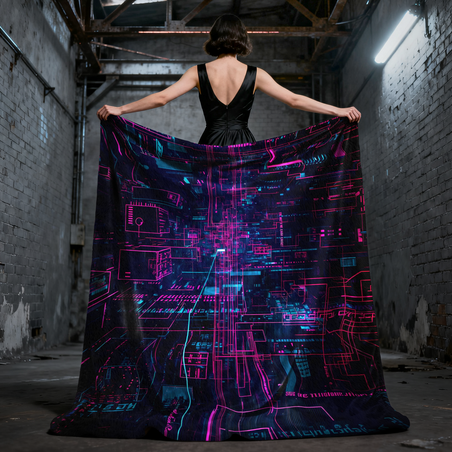 Cyber Dimension Grid Sector 7 - Neon Cyberpunk Velveteen Plush Blanket