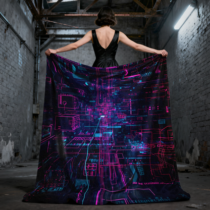Cyber Dimension Grid Sector 7 - Neon Cyberpunk Velveteen Plush Blanket