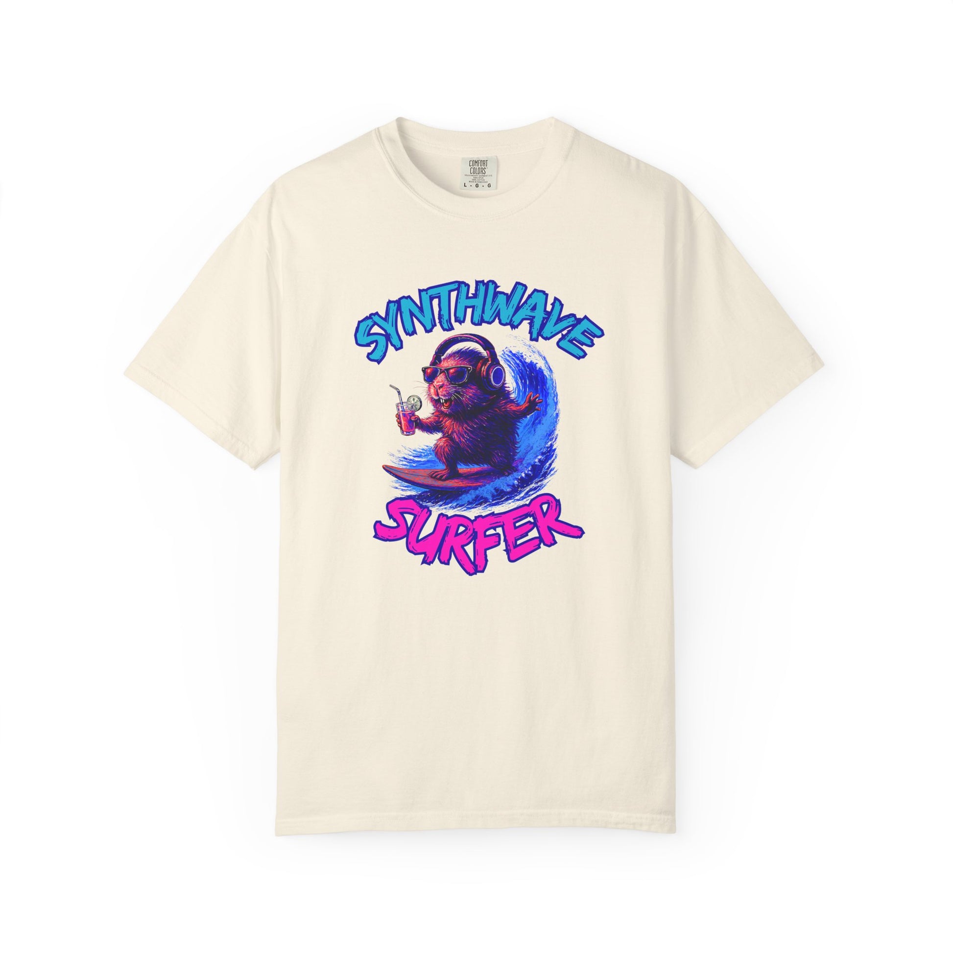 Synthwave Surfer T-Shirt, Vaporwave Animal Tee, Neon Guinea Pig Shirt, 80s Style Graphic Top