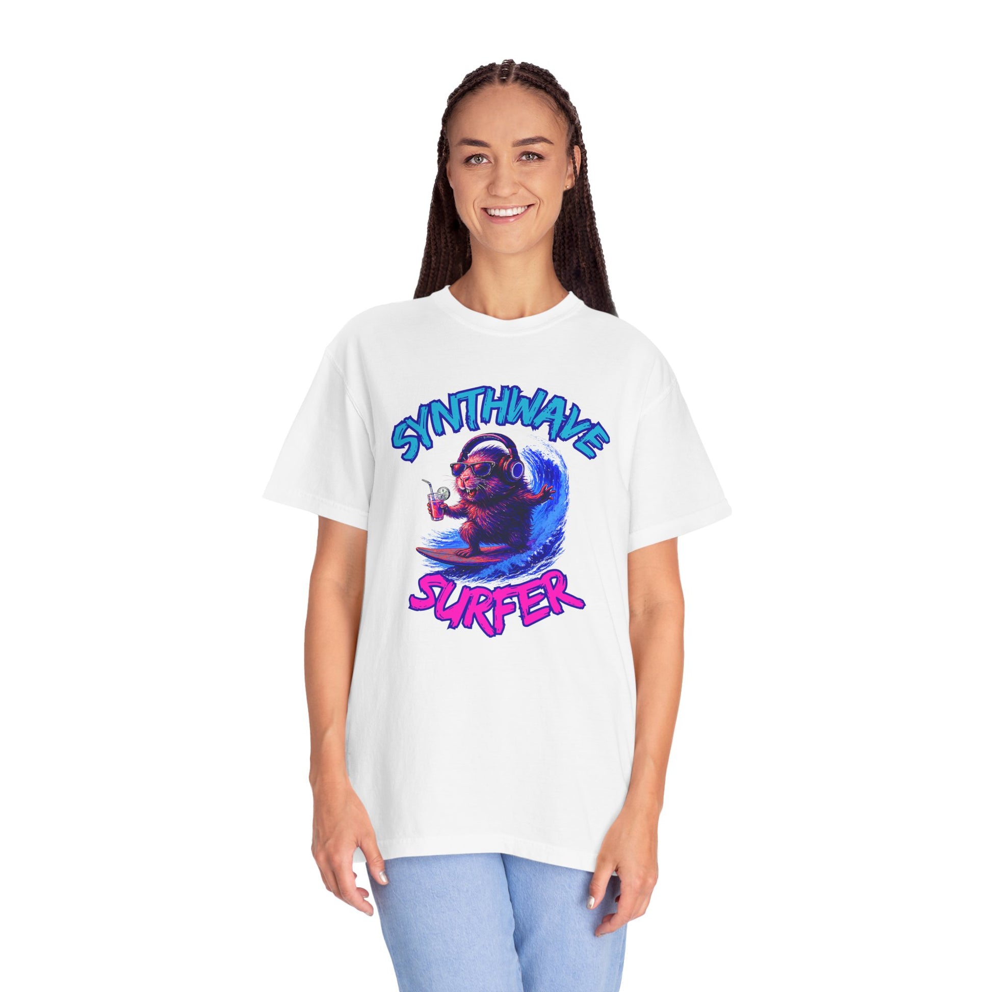 Synthwave Surfer T-Shirt, Vaporwave Animal Tee, Neon Guinea Pig Shirt, 80s Style Graphic Top