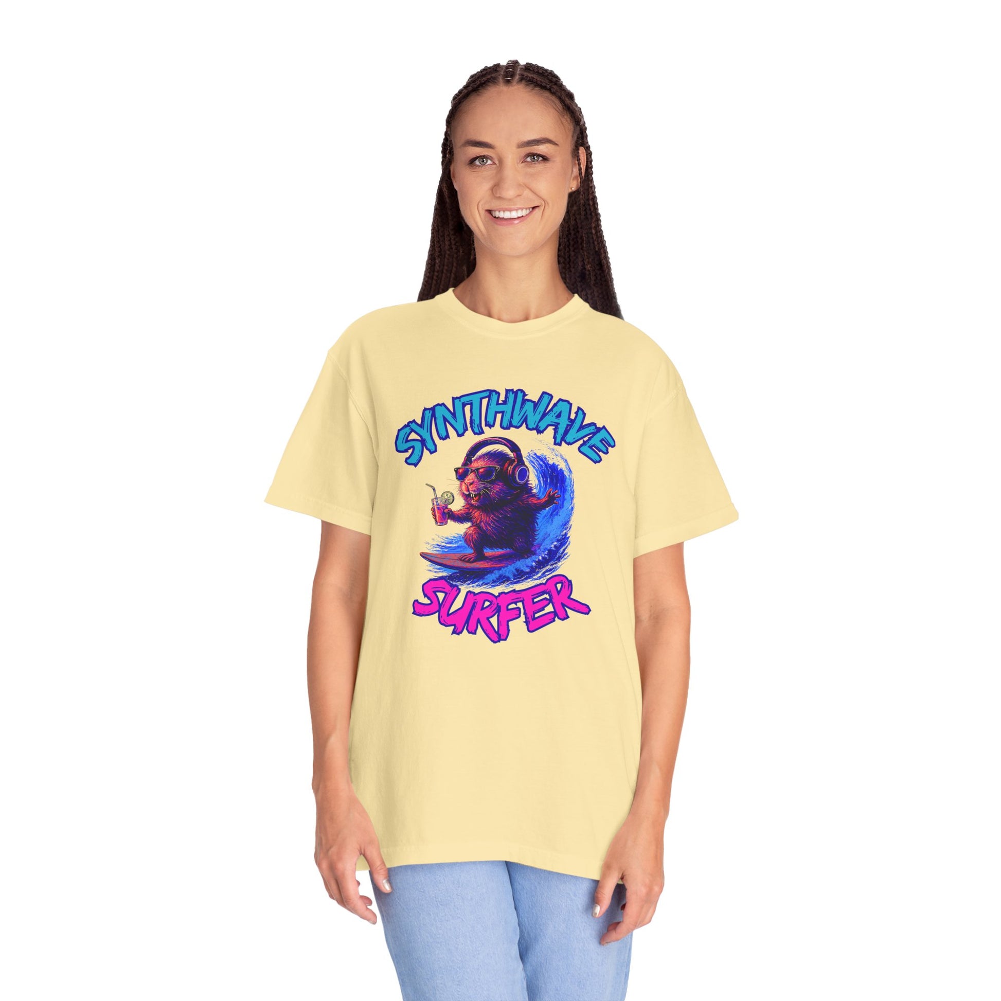 Synthwave Surfer T-Shirt, Vaporwave Animal Tee, Neon Guinea Pig Shirt, 80s Style Graphic Top