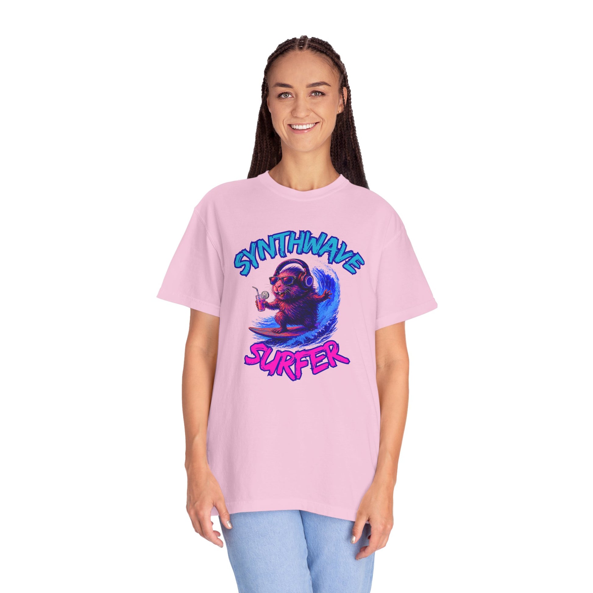 Synthwave Surfer T-Shirt, Vaporwave Animal Tee, Neon Guinea Pig Shirt, 80s Style Graphic Top