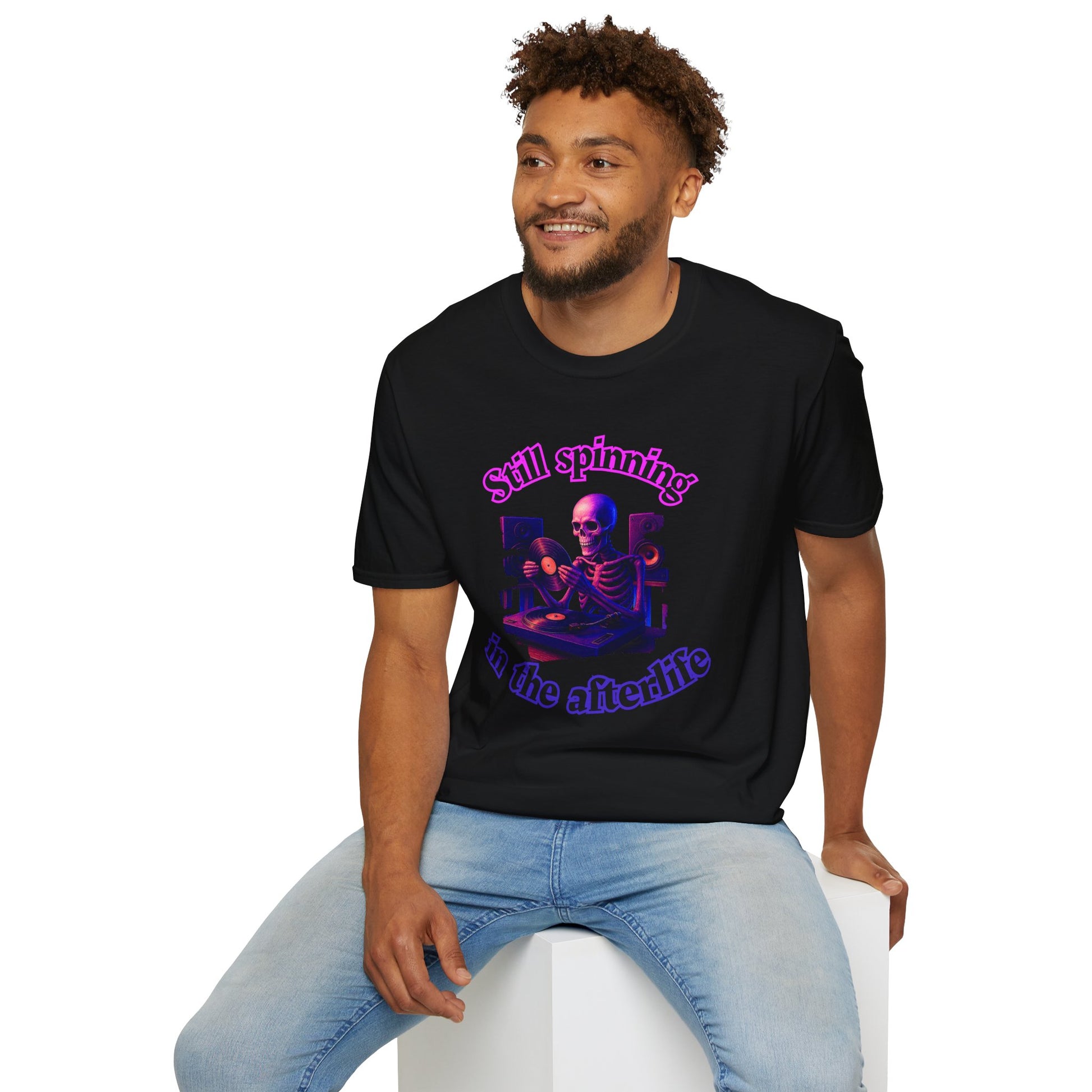 Synthwave DJ Skeleton T-Shirt, Neon Graphic Shirt, Retro 80s Halloween