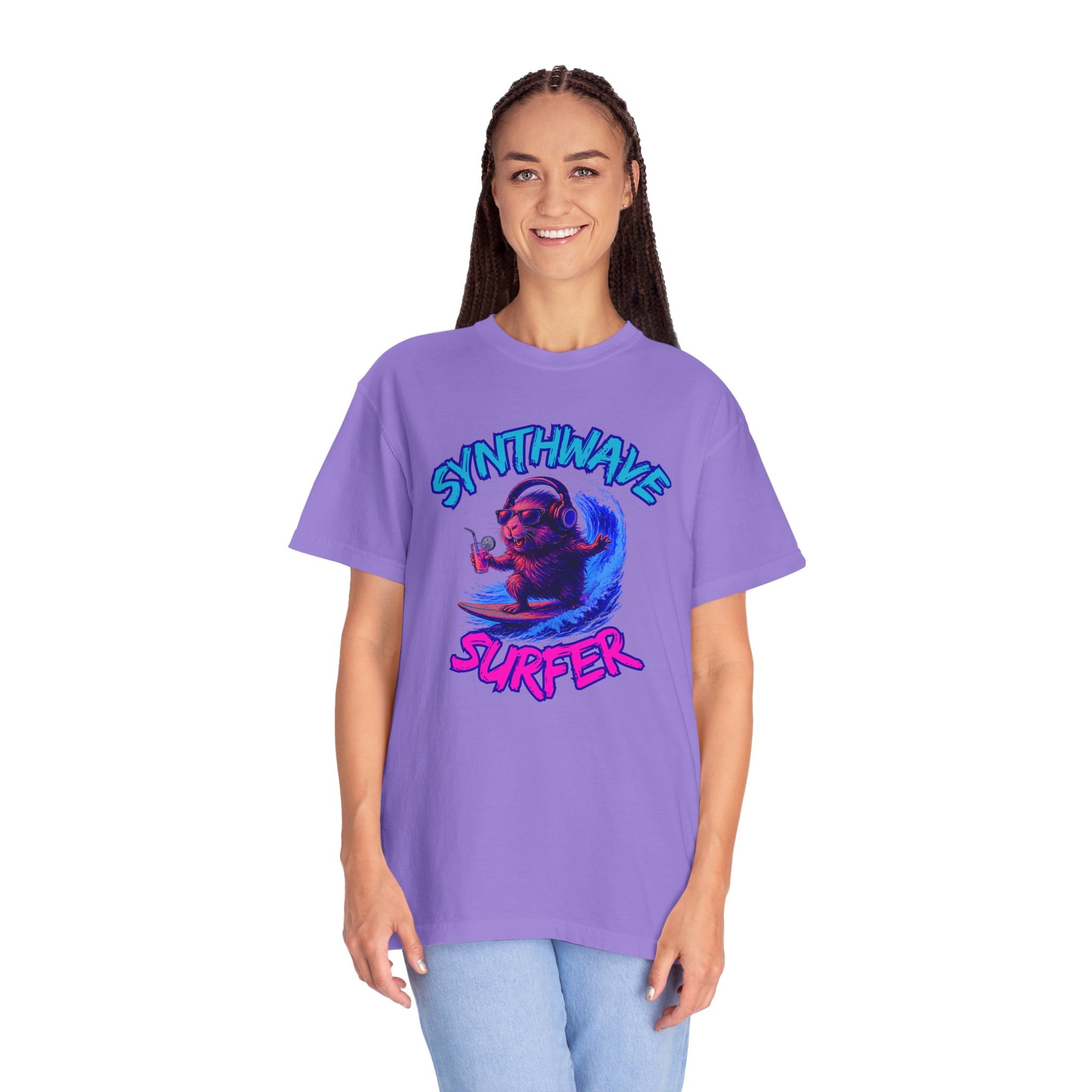 Synthwave Surfer T-Shirt, Vaporwave Animal Tee, Neon Guinea Pig Shirt, 80s Style Graphic Top