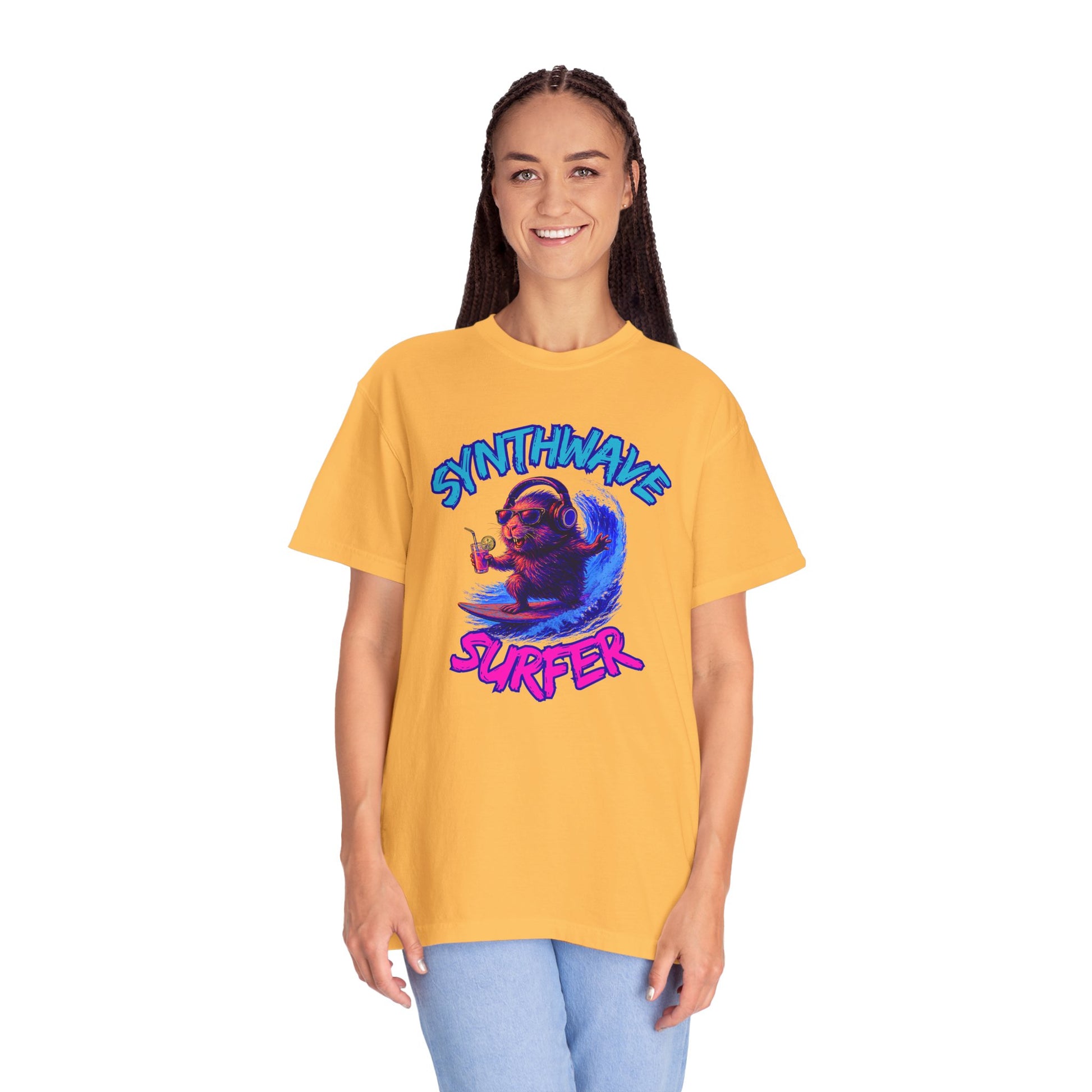Synthwave Surfer T-Shirt, Vaporwave Animal Tee, Neon Guinea Pig Shirt, 80s Style Graphic Top