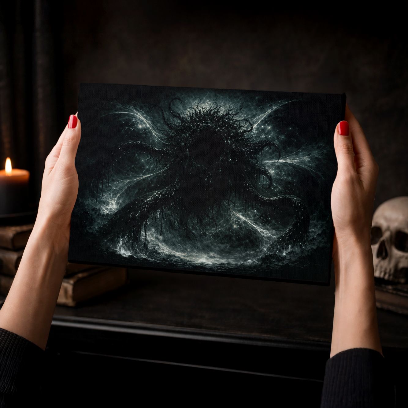 Lovecraftian Azathoth dark art canvas held near a desk with skull on background, cosmic horror home decor
