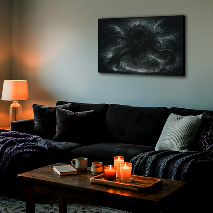 Azathoth from Lovecraft mythos large canvas art on a wall behind the couch in a cozy room, dark eerie home decor
