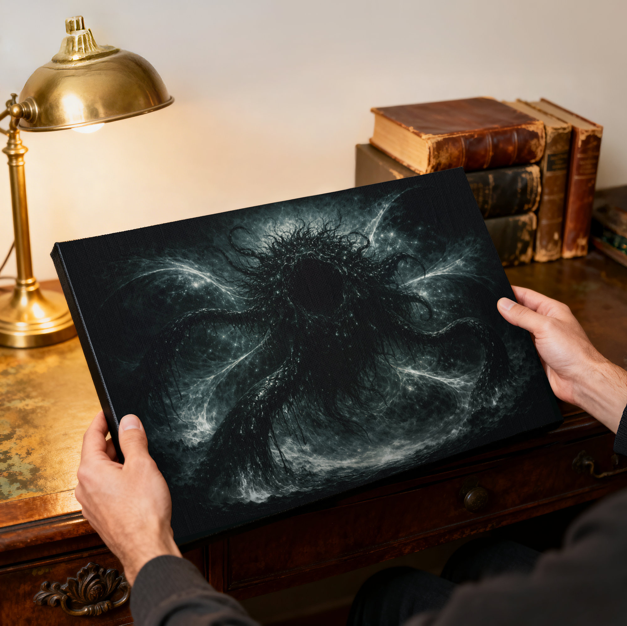 Lovecraft mythos Azathoth dark art on canvas, held by a person in front of vintage desk