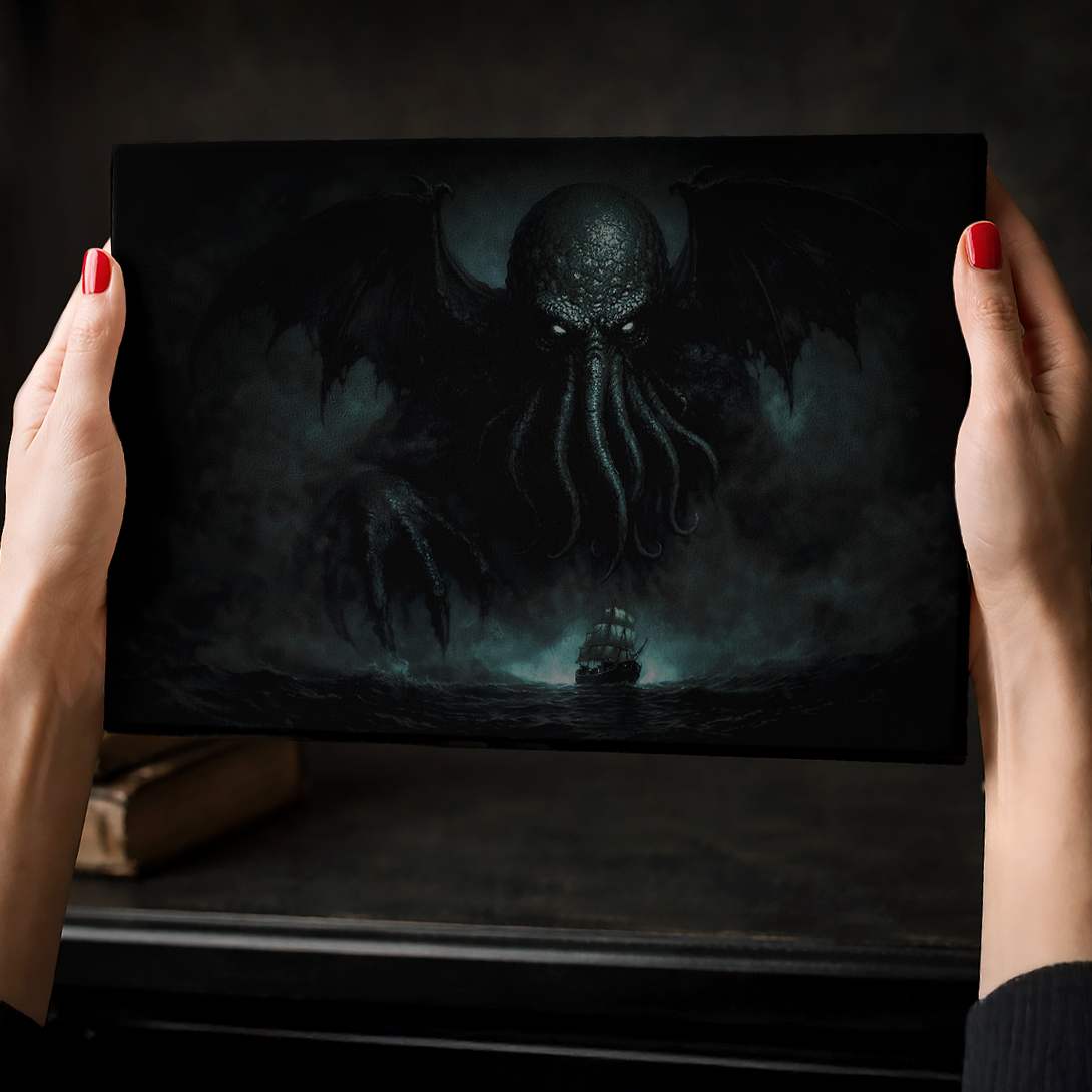 Lovecraft mythos Cthulhu art on small canvas, dark home decor, held by a woman near a desk