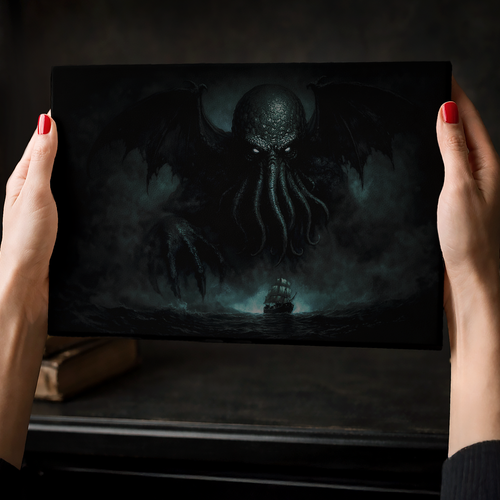 Lovecraft mythos Cthulhu art on small canvas, dark home decor, held by a woman near a desk