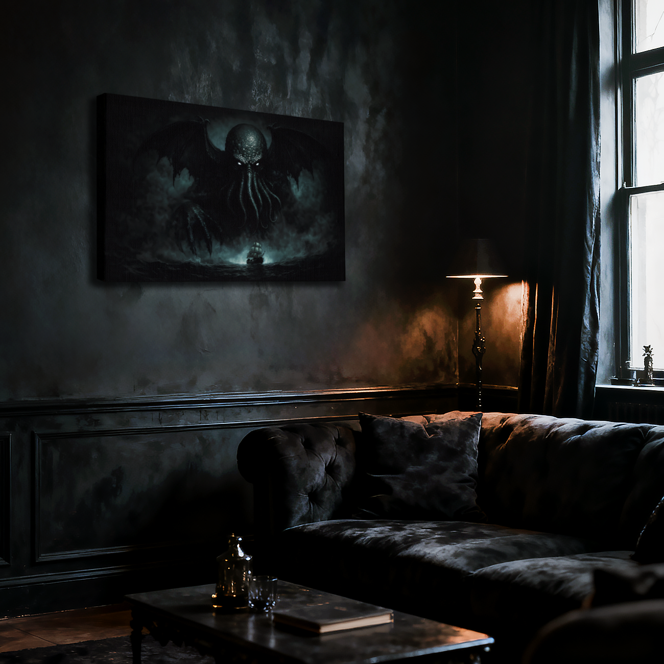Cthulhu from Lovecraft mythos, large canvas art in a dimly lit gothic room, dark interior decor