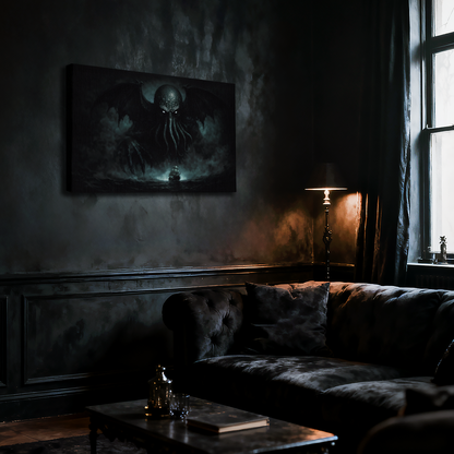 Cthulhu from Lovecraft mythos, large canvas art in a dimly lit gothic room, dark interior decor