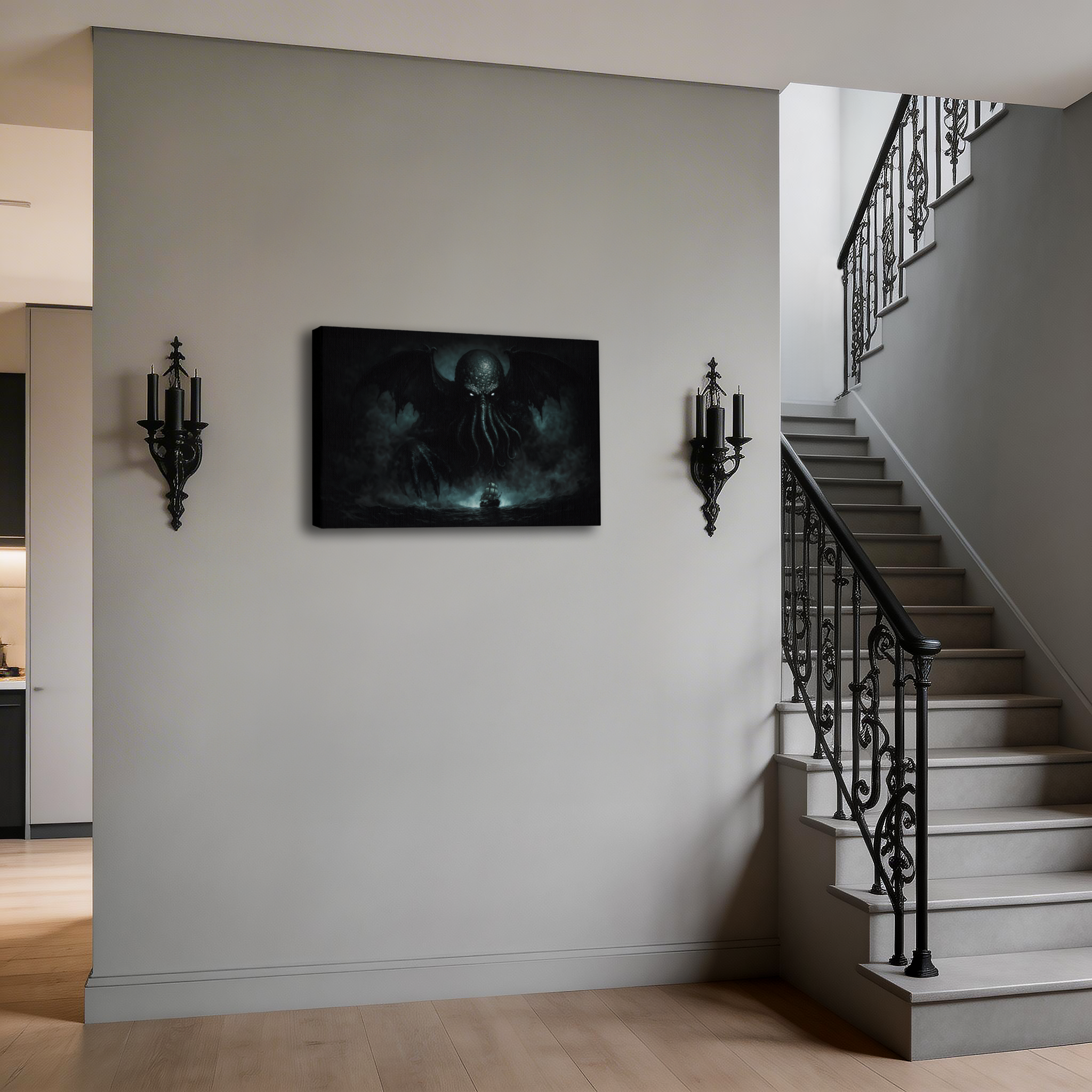 Lovecraft Cthulhu art on large canvas, dark mythos home decor, on a light wall near a staircase in modern environment