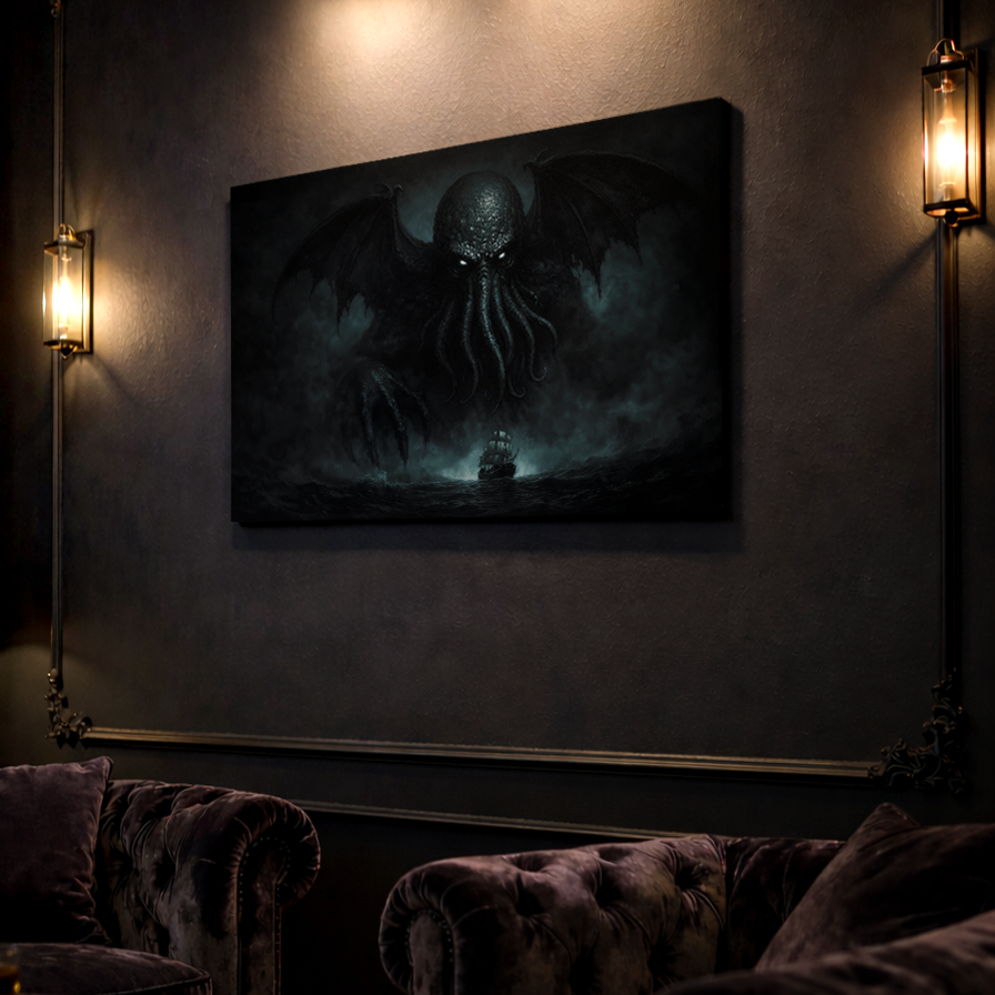Cthulhu large canvas, Lovecraftian cosmic horror dark home decor on a wall in a dimly lit elegant room