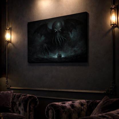 Cthulhu large canvas, Lovecraftian cosmic horror dark home decor on a wall in a dimly lit elegant room