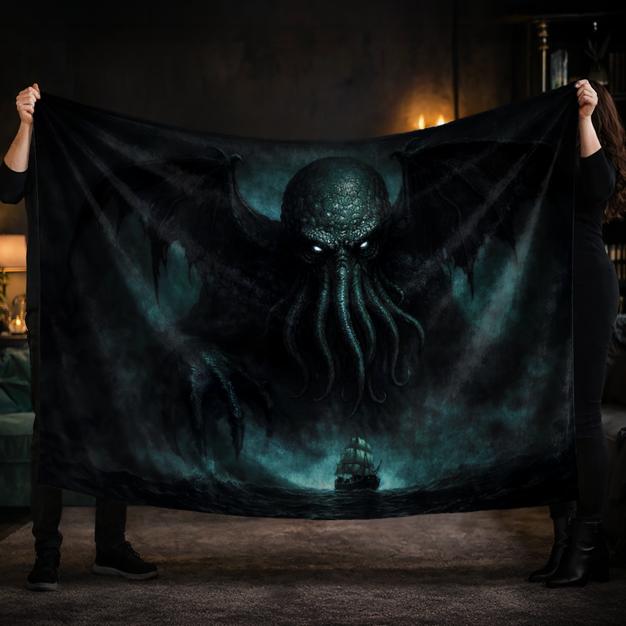 Person holding a large blanket with a Cthulhu design in a dimly lit room.