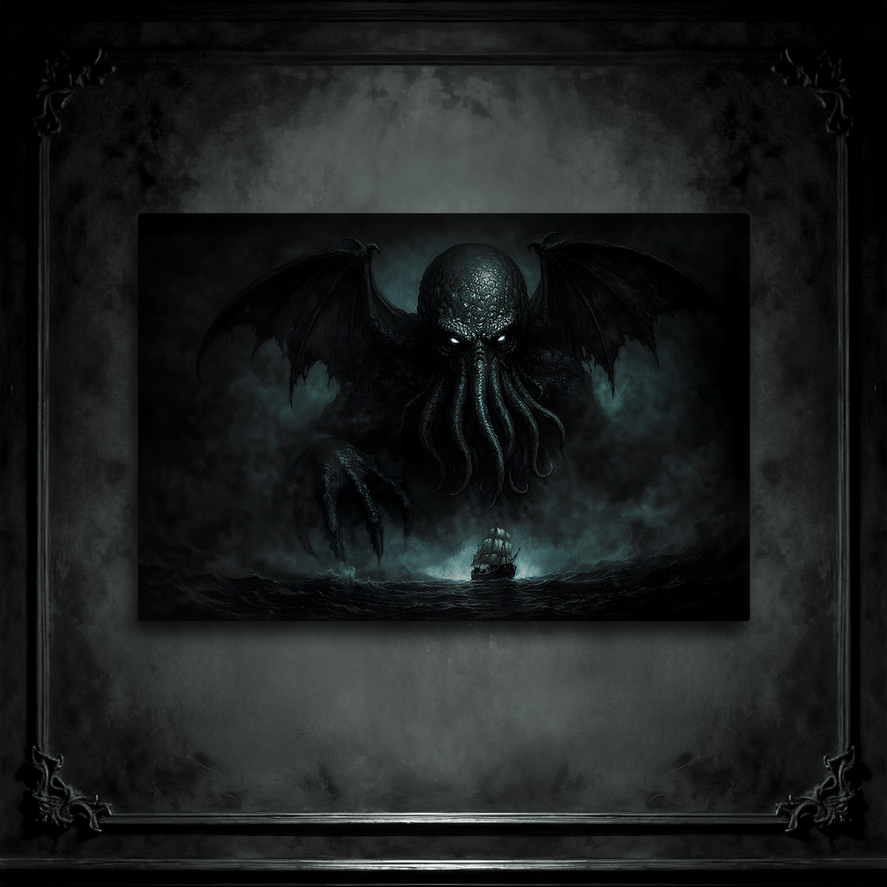 Cthulhu Lovecraft mythos large canvas art, dark home decor on a gray wall panel