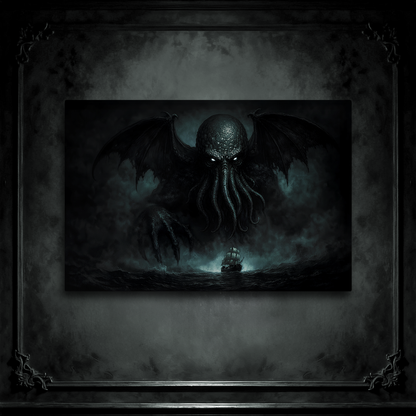 Cthulhu Lovecraft mythos large canvas art, dark home decor on a gray wall panel