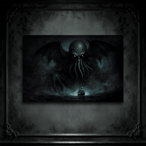 Cthulhu Lovecraft mythos large canvas art, dark home decor on a gray wall panel