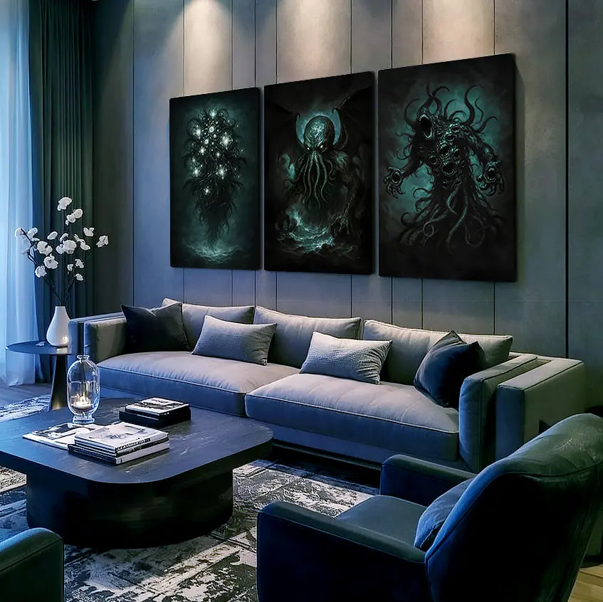 Modern living room with a sofa and three large canvases on a wall, featuring Lovecraft Mythos characters Yog-Sothoth, Cthulhu and Nyarlathotep, effectively showing that dark mythical art also aligns with modern interior design