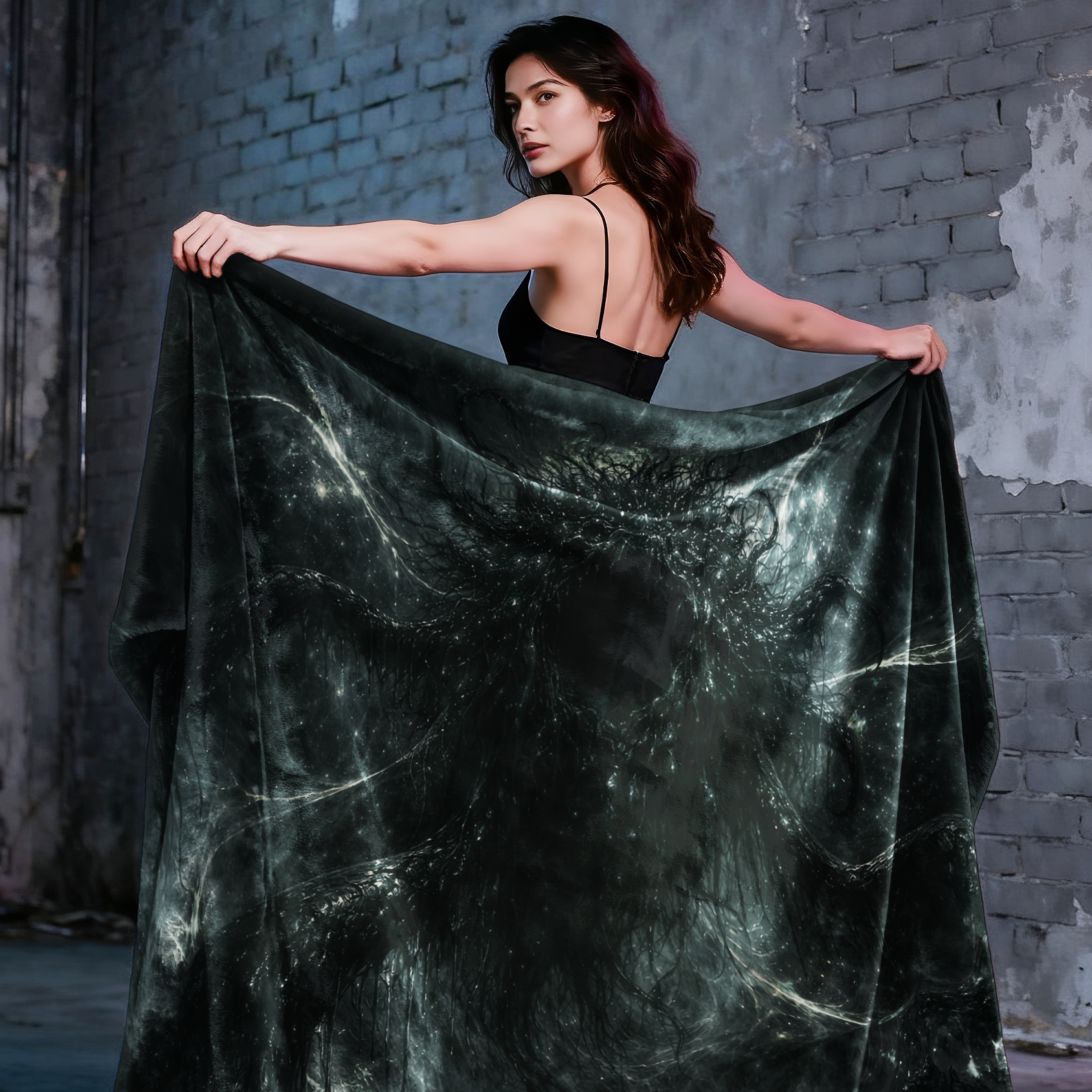 Woman holding a dark art blanket with Lovecraft Azathoth design against a textured brick wall