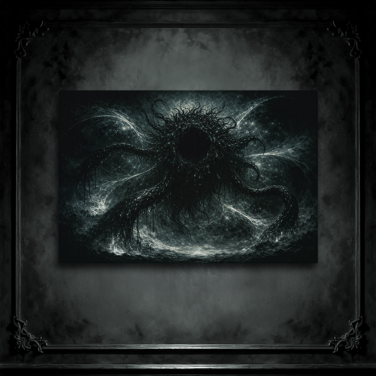 Azathoth from Lovecraft mythos, dark art canvas, gothic home decor on a gray wall panel