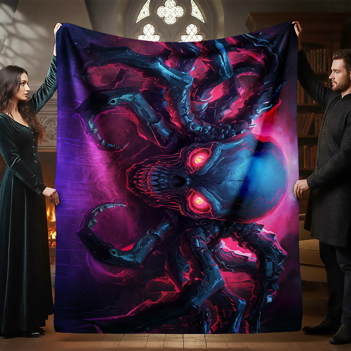 Robotic Skull Spider - Neon Velveteen Plush Blanket - Cyberpunk Horror Throw
