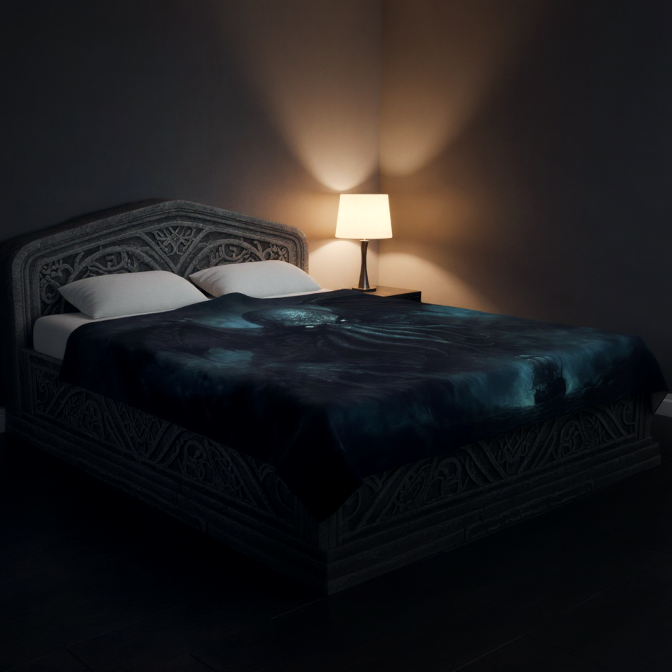 Dark bedroom with a bed and cthulhu blanket laid out on the bed