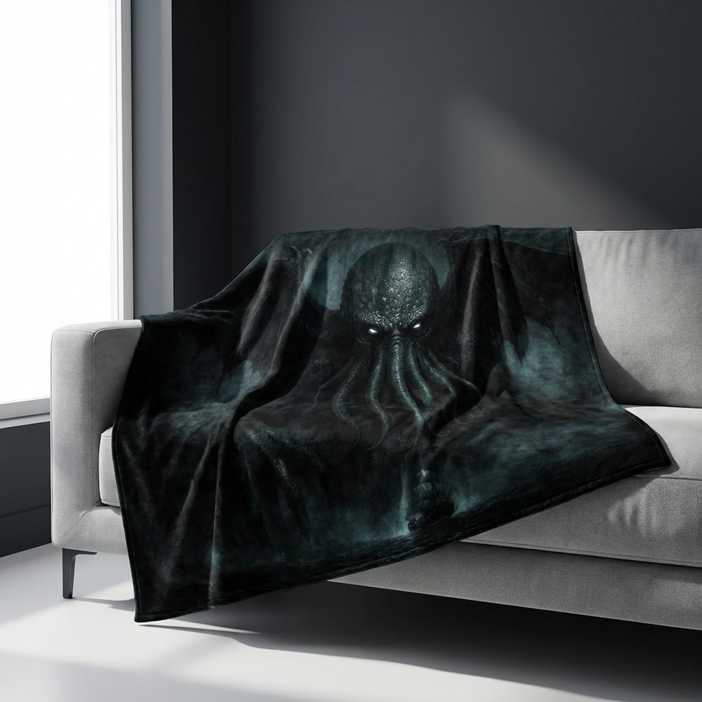 Dark green blanket with cthulhu design draped over a gray sofa