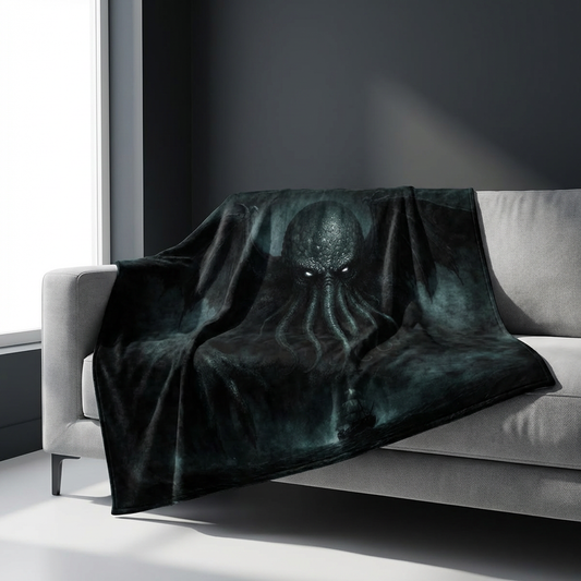 Dark green blanket with cthulhu design draped over a gray sofa