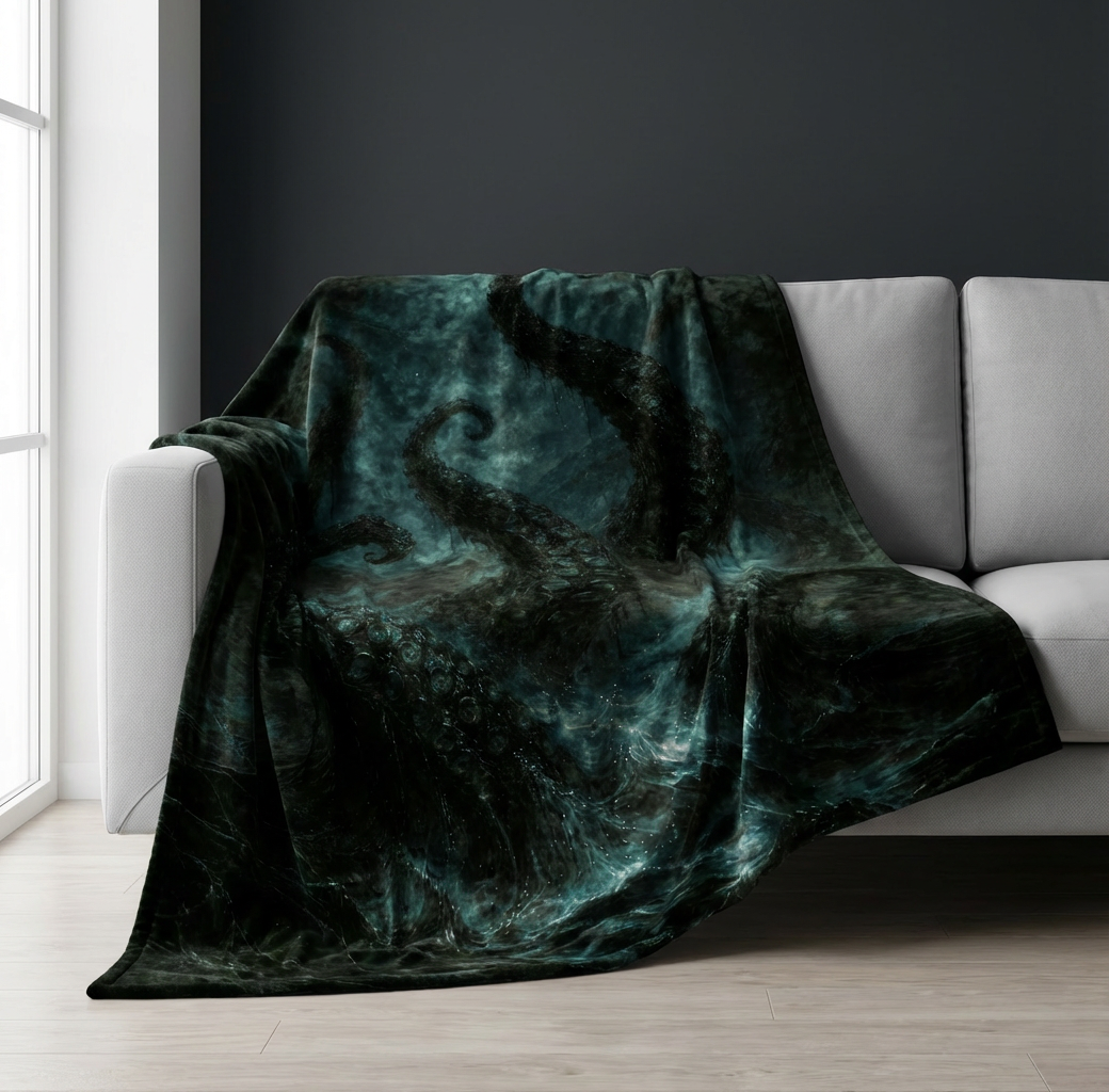 Velveteen blanket with dark tentacles design draped over a gray sofa in a room with large windows.