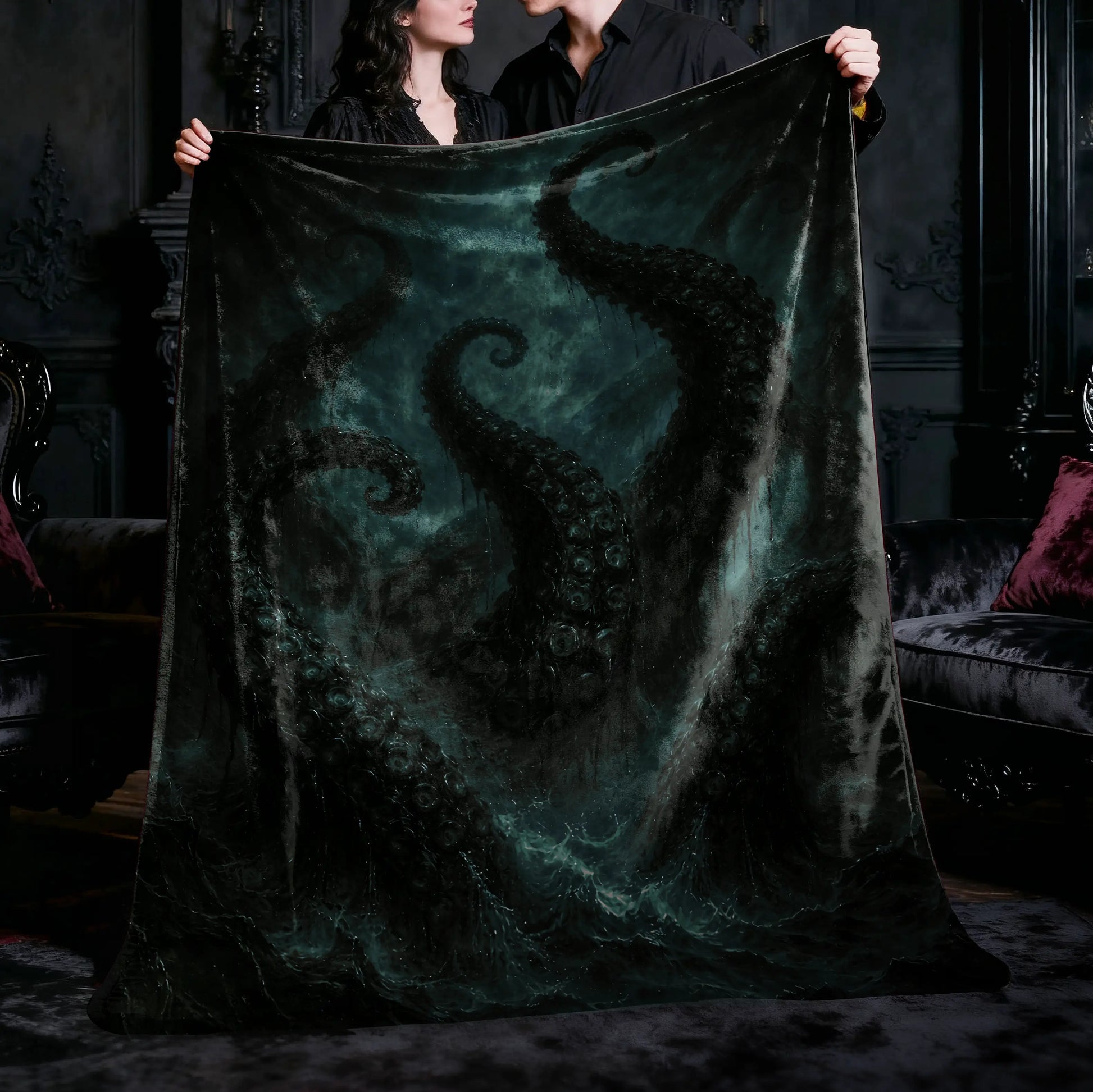 Tentacles Velveteen Dark Art Blanket held by a couple in a gothic living room