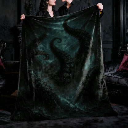 Tentacles Velveteen Dark Art Blanket held by a couple in a gothic living room