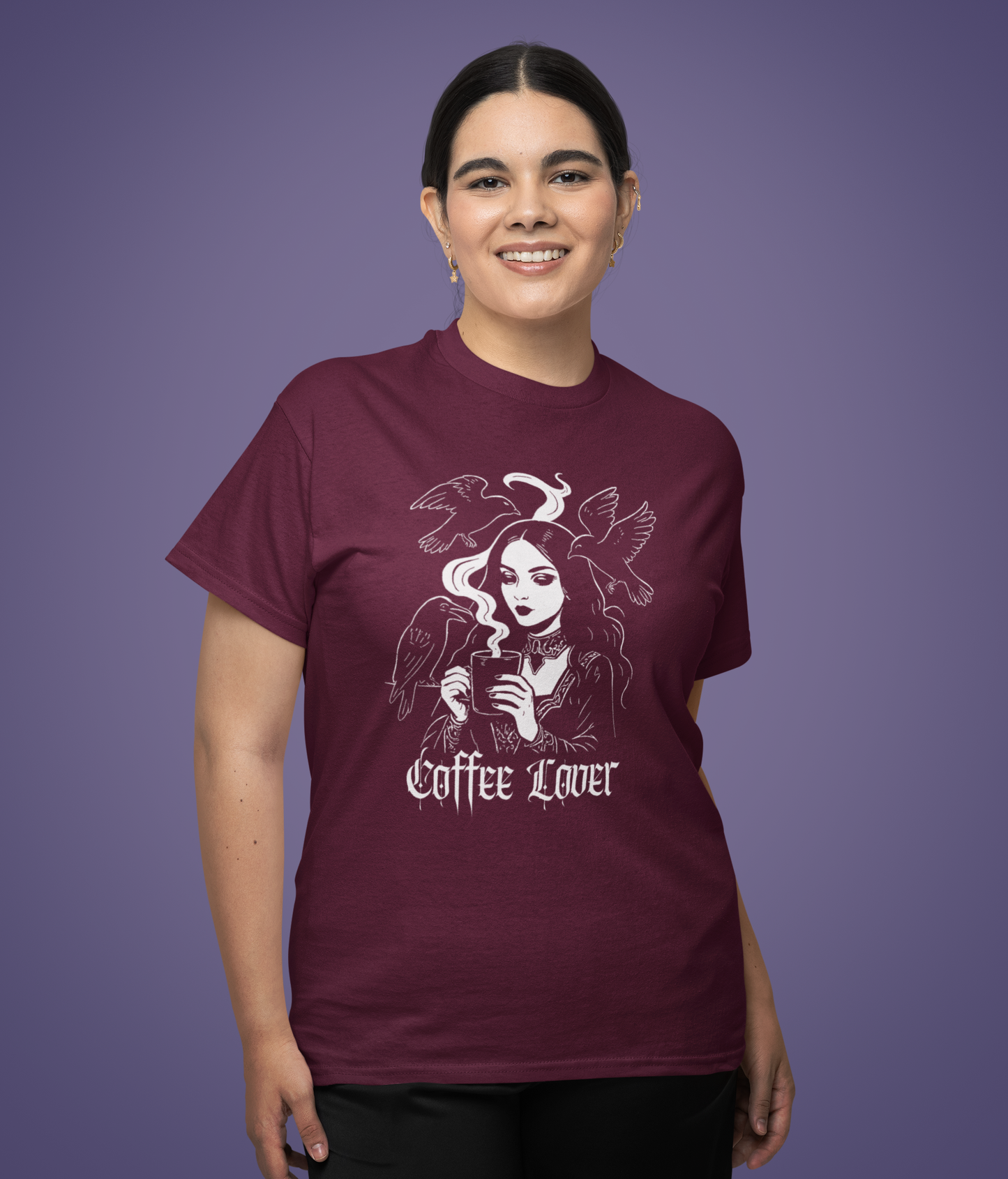 Coffee Lover Gothic T-shirt, Dark Aesthetics Halloween Apparel with Ravens