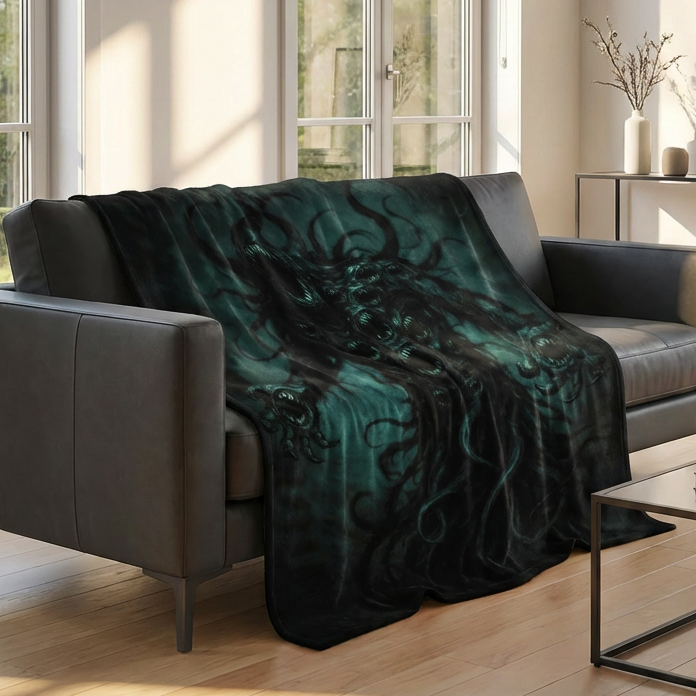 Lovecraft's Nyarlathotep velveteen throw blanket draped over a gray sofa in a bright living room.