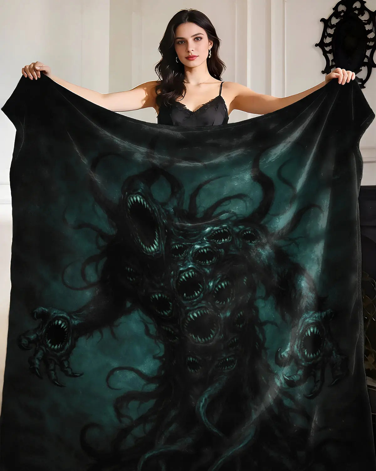 Woman holding a Nyarlathotep Lovecraft Inspired Velveteen Plush Blanket