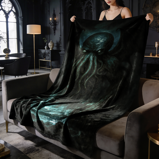 Cthulhu velveteen blanket held by a woman in a gothic room