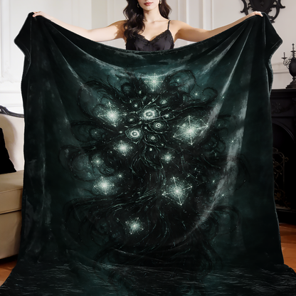 Yog-Sothoth from Lovecraft mythos on velveteen plush blanket, cosmic horror home decor, held by a woman in gothic room