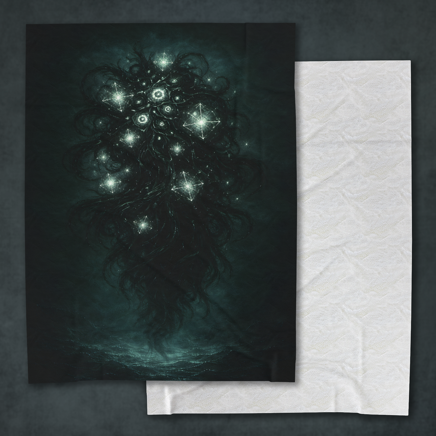 yog-sothoth velveteen plush blanket front and back view collage, dark fantasy mythos home decor