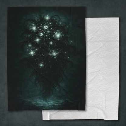 yog-sothoth velveteen plush blanket front and back view collage, dark fantasy mythos home decor